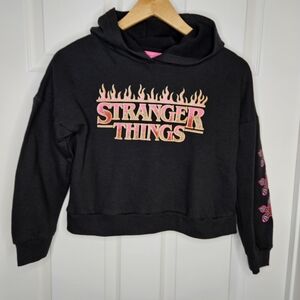 NWOT Stranger Things Kids Black Red Pink Logo Graphic Hoodie Girls Size L